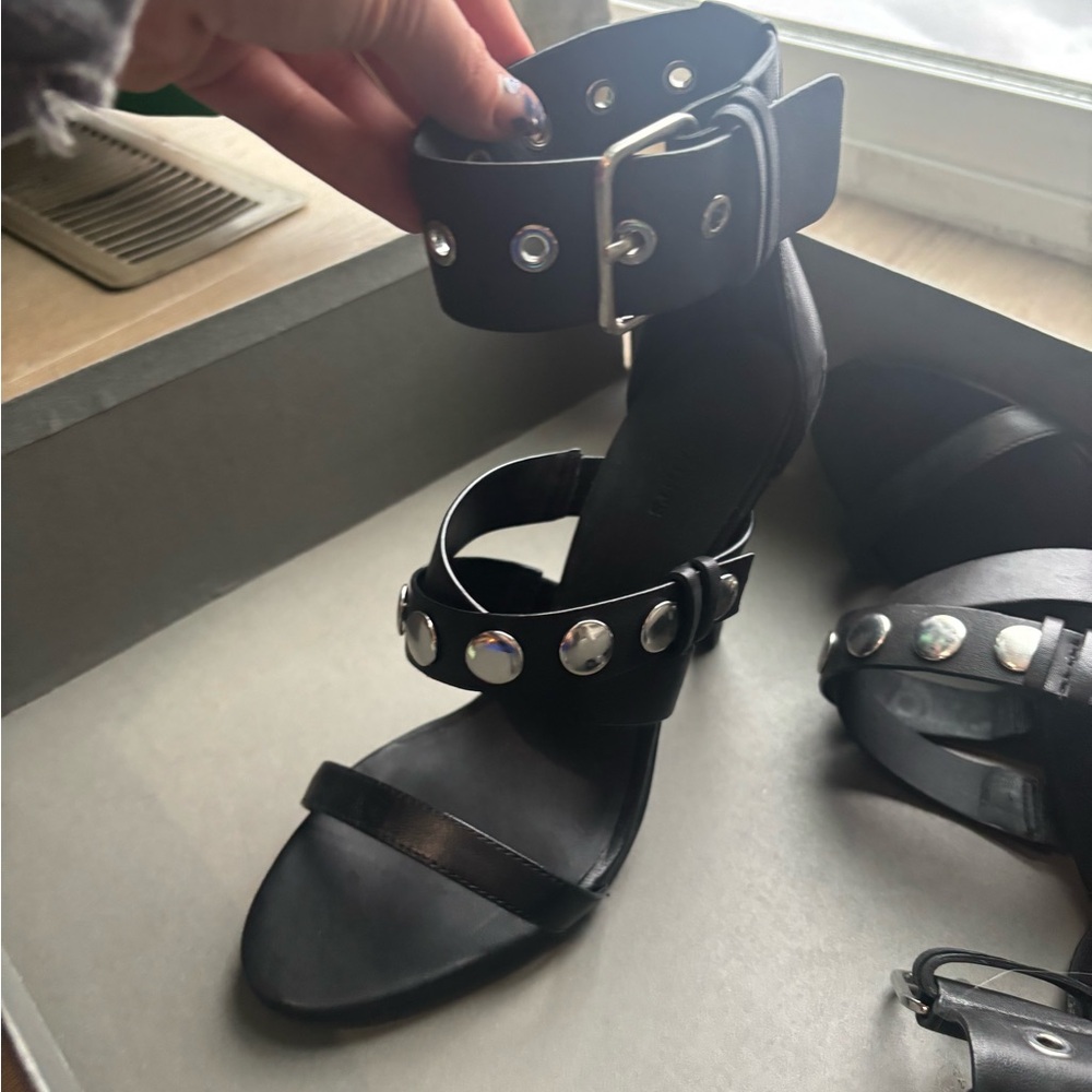 All Saints Black Studded Leather Ankle-Strap Heels - Picture 6 of 6